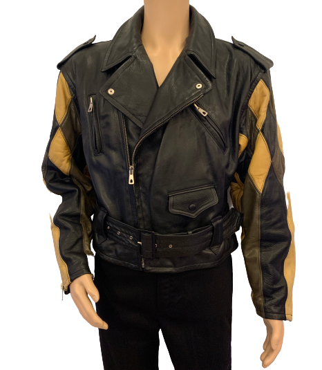 Black, zip-up leather jacket with diamond-shaped patchwork sleeves in black, brown, and tan and a black belt. 