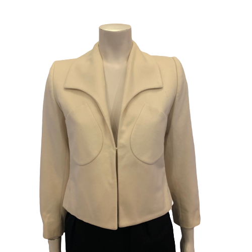 Cream wool cropped jacket with rounded collar and two patch pockets 