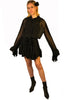 Sheer, long-sleeve, silk dress with bow at neck, and ruffles at wrist. Gathered waist. Length is above the knee.