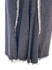 Dark gray, denim, paneled midi skirt with frayed trim.