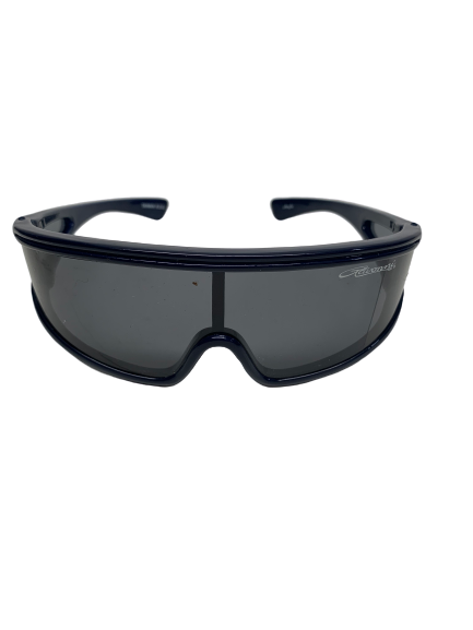 Sunglass in wrap around aviator style in navy blue plastic.  Gavonni signature on top right