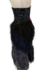 Strapless, black, evening gown. Blue & black beaded, boned, corset-top. Full-length, blue ombre, feather skirt. Back zipper. 