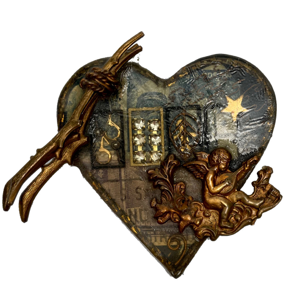 1980s Maximal Art Assemblage Heart Brooch w/ Twigs & Cherub