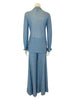 blue knit chevron button-up shirt and palazzo pants