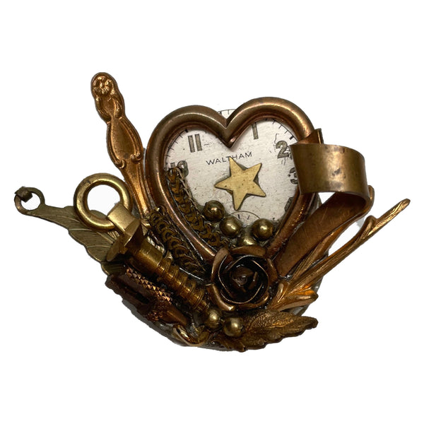 1980s Maximal Art Heart Clock Brooch w/ Rose, Nail & Spoon Handle