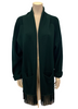 Dark green, cropped, knit cardigan with long, fringed, shawl collar and pockets. 