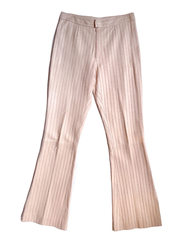 beige pinstripe leather pants