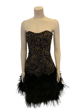 Ysa Makino Vintage Strapless Beaded Cocktail Dress w/ Feather Hem Screaming Mimis Vintage Fashion Ysa Makino Vintage Strapless Beaded Cocktail Dress w/ Feather Hem Screaming Mimis Vintage Fashion