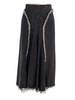 Dark gray, denim, paneled midi skirt with frayed trim.