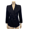 Navy blue silk blazer with notched collar and four metal buttons in blue with gold polka dots.
