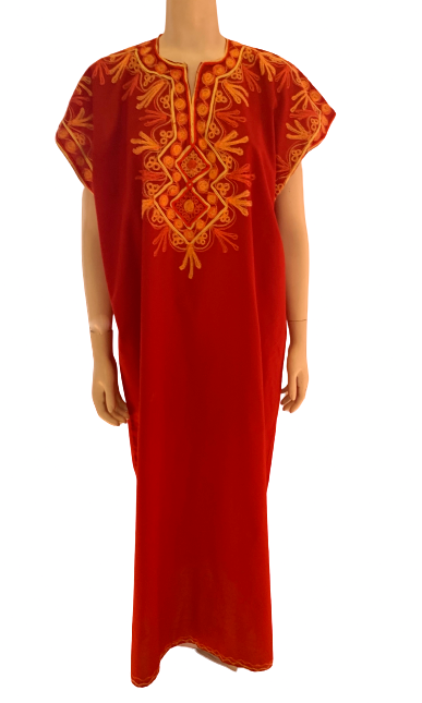 Long, red, short-sleeve, kaftan dress with red, orange, and yellow embroidery. 