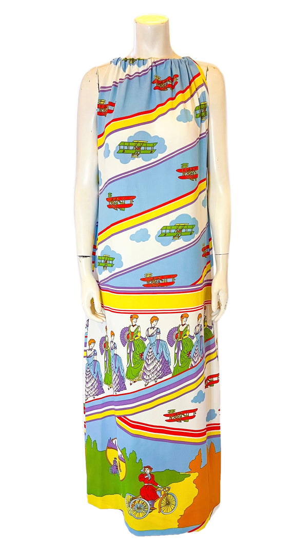 1970s Psychedelic Edwardian Airplane Maxi Dress