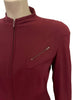 Close up view shoulder, front zipper and zipper pocket-Mugler 1980s Burgundy Fishtail Jacket