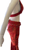 Red, tie-dye, velvet, bejewelled, two-piece set. Consists of bell-bottom pants and halter bra-top. 
