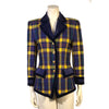 Front view on mannequin a plaid jacket with long sleeves, two front pockets and gold buttons. Plaid is yellow, blue, red