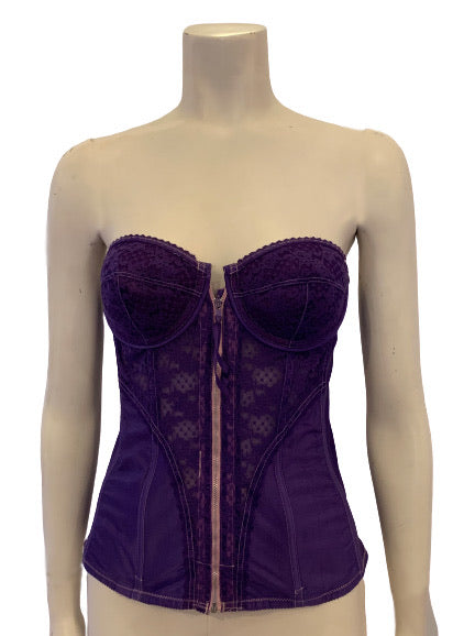 Purple lace and rayon stretch bustier corset top with front zipper