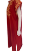 Long, red, short-sleeve, kaftan dress with red, orange, and yellow embroidery. 