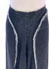 Dark gray, denim, paneled midi skirt with frayed trim.