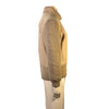 beige wool waist length jacket with knitted wool sleeves and banded bottom. Four front buttons