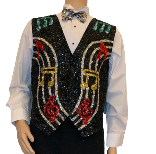 Black, sequin-front, snap-up vest with sequined musical note motif. 