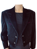 Black velvet cropped mens jacket with purple trim. Open front with button details. 