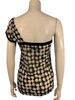 Asymmetrical, black and white, dot-print, mesh, one-shoulder top with a loop on the back.