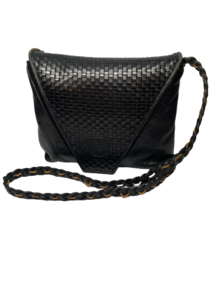 Fendi woven envelope bag in black leather with long braided shoulder strap . Fendi logo is embossed on the front.