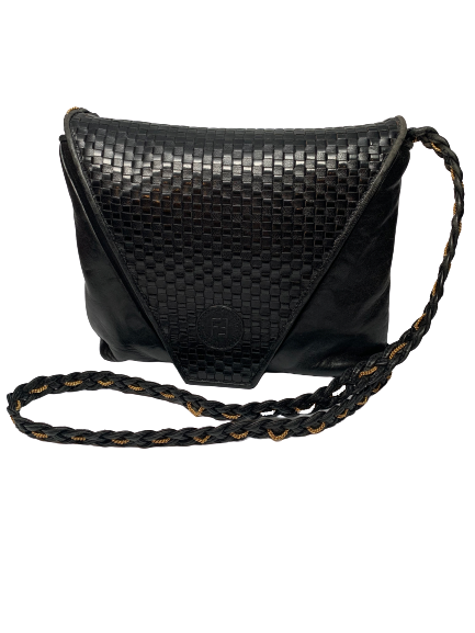 Fendi woven envelope bag in black leather with long braided shoulder strap . Fendi logo is embossed on the front. 