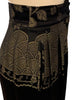 Black-and-gold, silk, brocade, high-waisted pant with floral motif on front top and on legs.