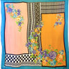 Gianni Versace Geometric & Floral Scarf-light backdrop colors orange,pink and blue with repeating geometric checker and Greek Meander pattern 