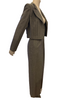 Two piece suit with pleated pants in a grey wool. Jacket has a pleated open front. Pants are full.