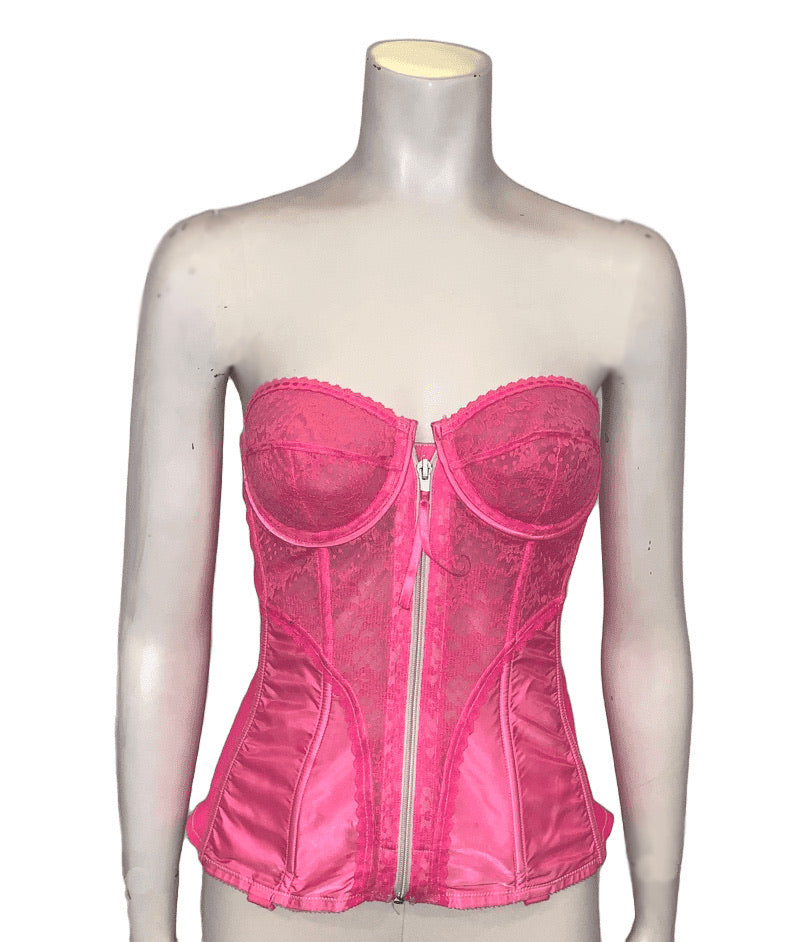 Hip length neon pink lace corset bustier with front zipper