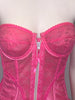 Hip length neon pink lace corset bustier with front zipper