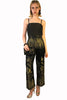 Black-and-gold, silk, brocade, high-waisted pant with floral motif on front top and on legs.