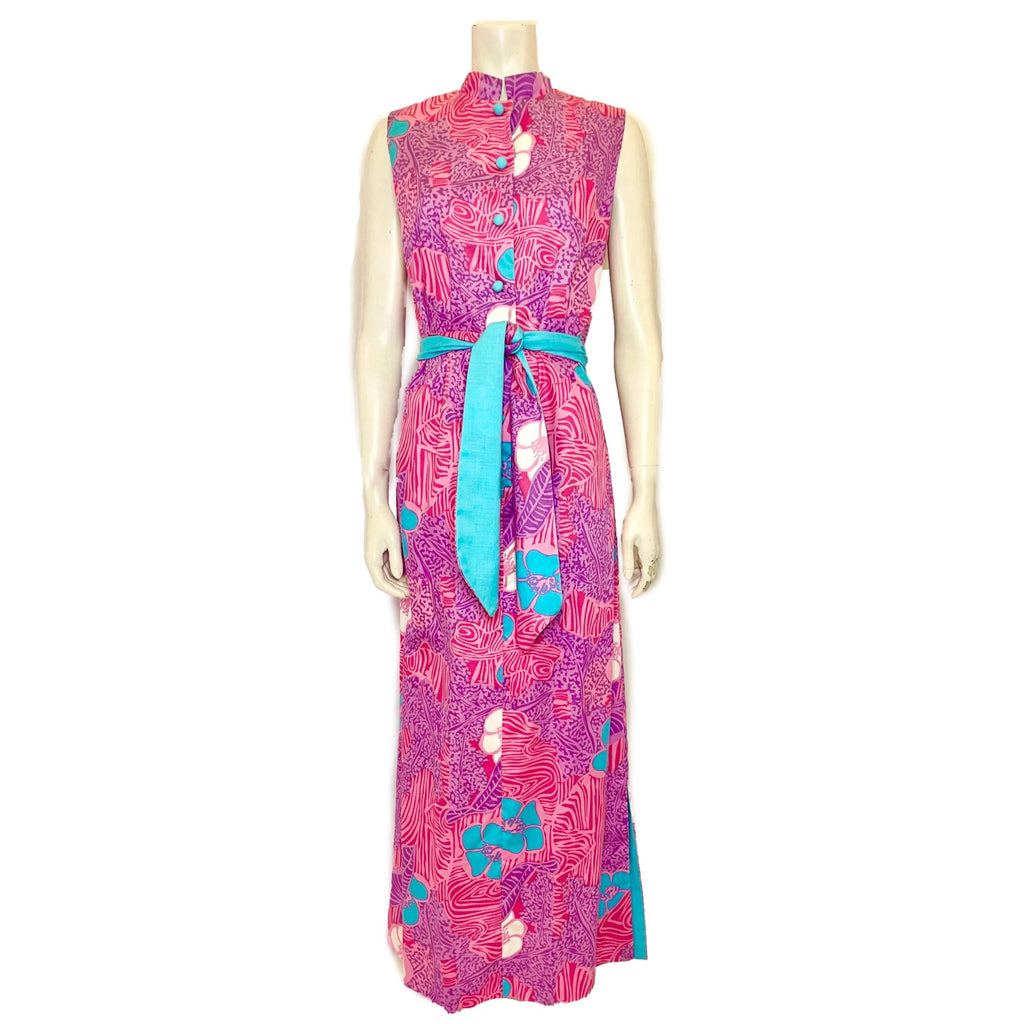 Magenta and purple psychedelic floral print maxi dress. 