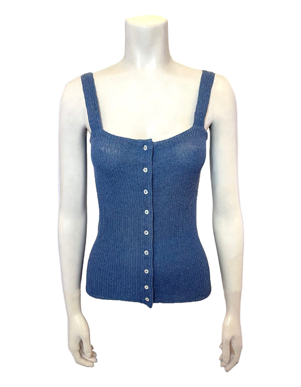 blue knit button-up tank top 