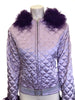 Lilac, quilted jacket with hood and purple, faux-fur trim. Rhinestone embellishments and belt. 