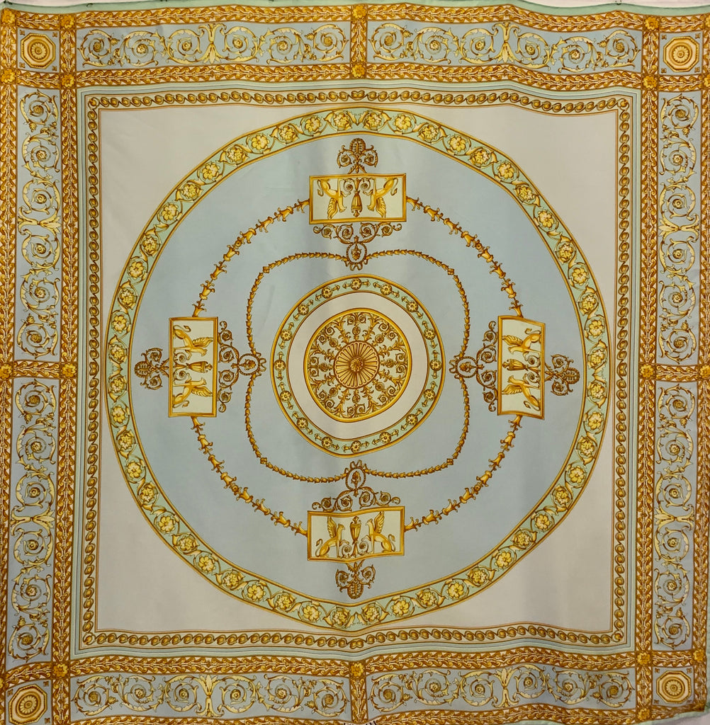 Silk square scarf with a pastel pink, green and blue Rococo pattern with gold filigree design 