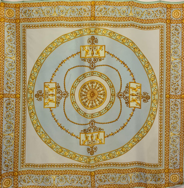 Silk square scarf with a pastel pink, green and blue Rococo pattern with gold filigree design 