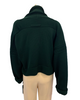 Dark green, cropped, knit cardigan with loop at back of neck.