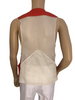 Red, button-up, utility vest with pockets, and a suede panel on one shoulder. Back of the vest is a white, sports mesh. 