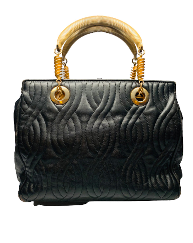 Black leather Fendi handbag with stitched leather body in a wavy  pattern. The handles and hardware are in gold-tone metal and chain. 