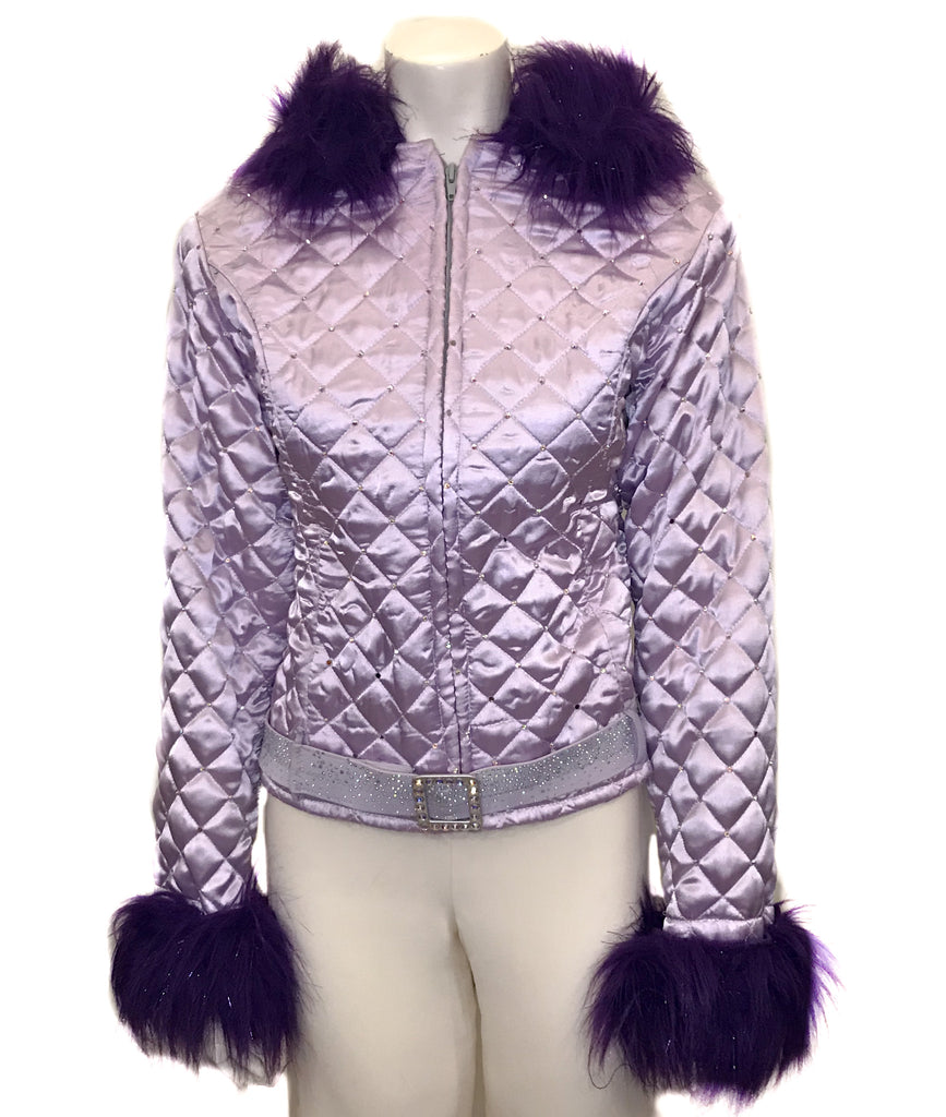 Lilac, quilted jacket with hood and purple, faux-fur trim. Rhinestone embellishments and belt. 