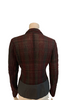 Rayon and cotton plaid ruched blazer with solid grey bottom. Plaid is dark burgundy, and grey. Jacket is hip length.