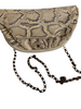Oval shape grey, creme python leather bag with metal chain shoulder strap and top closure 