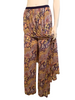 Purple, pink, peach, and yellow floral-print pants with matching, attached, maxi-skirt overlay.