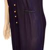 Dark blue, sheer jumpsuit with pearl buttons and cinched waist.