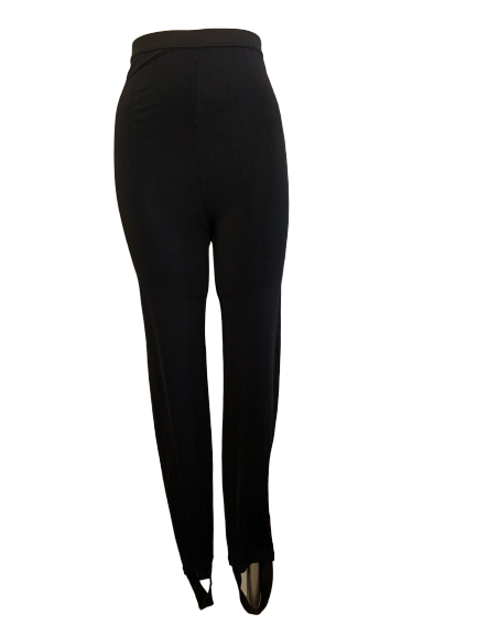 Black, high-rise leggings with stirrups. 