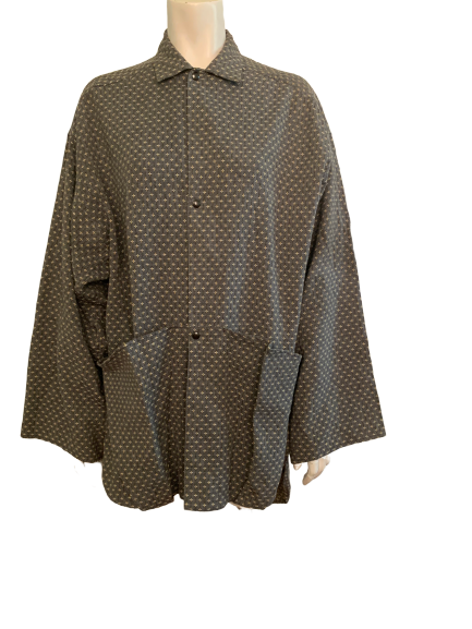 Grey with yellow & white cross stitching, oversized, snap-front, cotton jacket with 2 pockets.  