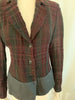 Rayon and cotton plaid ruched blazer with solid grey bottom. Plaid is dark burgundy, and grey. Jacket is hip length.